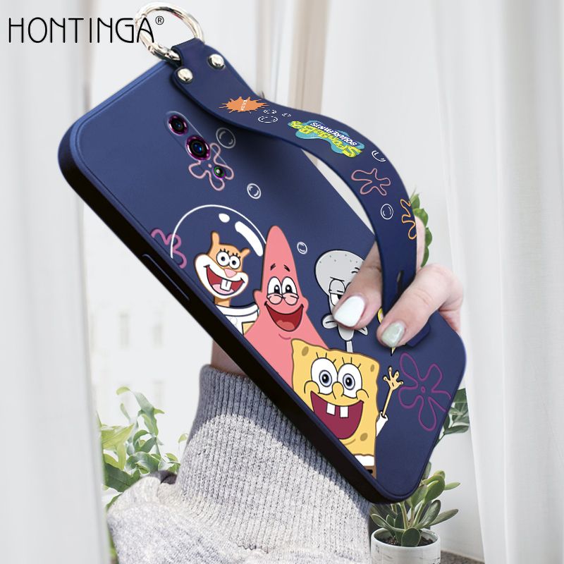 Hontinga for OPPO Reno Wrist Strap Case Cute Cute Funny Cartoon Sponge for Square Pants Cover Square Edge Liquid Silicone Anti-drop Phone Case