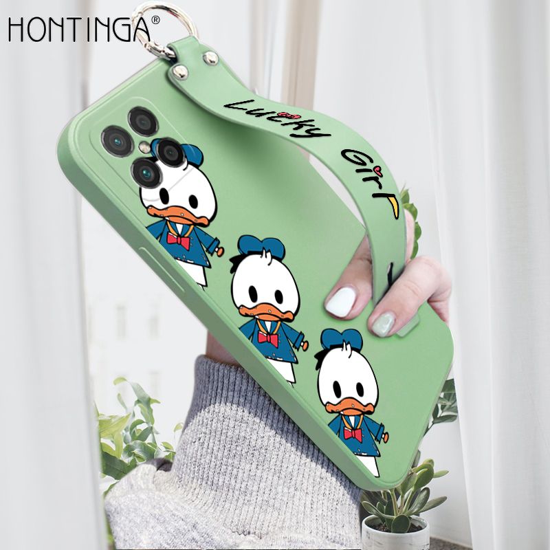 Hontinga for Huawei Nova 8 SE Wrist Strap Case Cute Cartoon Little Duck Phone Case Square Edge Liquid Silicone Case Full Cover Camera Shockproof Protective Cases