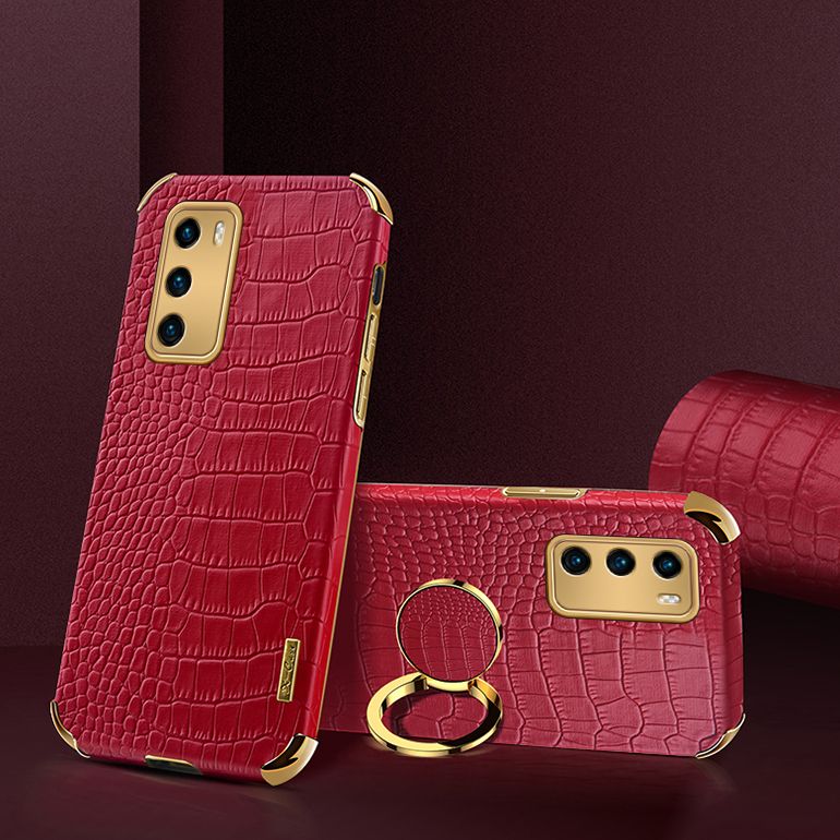 Luxury Plated Crocodile Pattern Leather Holder Phone Case For Huawei P40 Magentic Car Ring Stand Cover