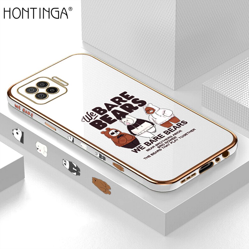 Hontinga for OPPO F17 A73 2020 Back Cover + Free Lanyard Luxury 6D Plating Cute Three Bears Side Pattern Case Soft Silicone Square Mobile Cover