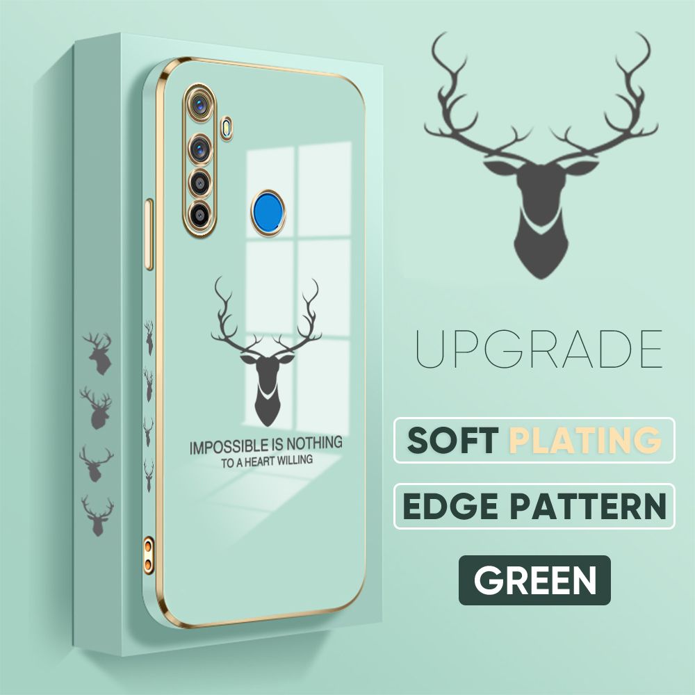 TA for Realme 5 5i 5S 6i Back Cover + Free Lanyard Simple Antlers Luxury 6D Plating Case Side Pattern Soft Silicone Square Phone Cases