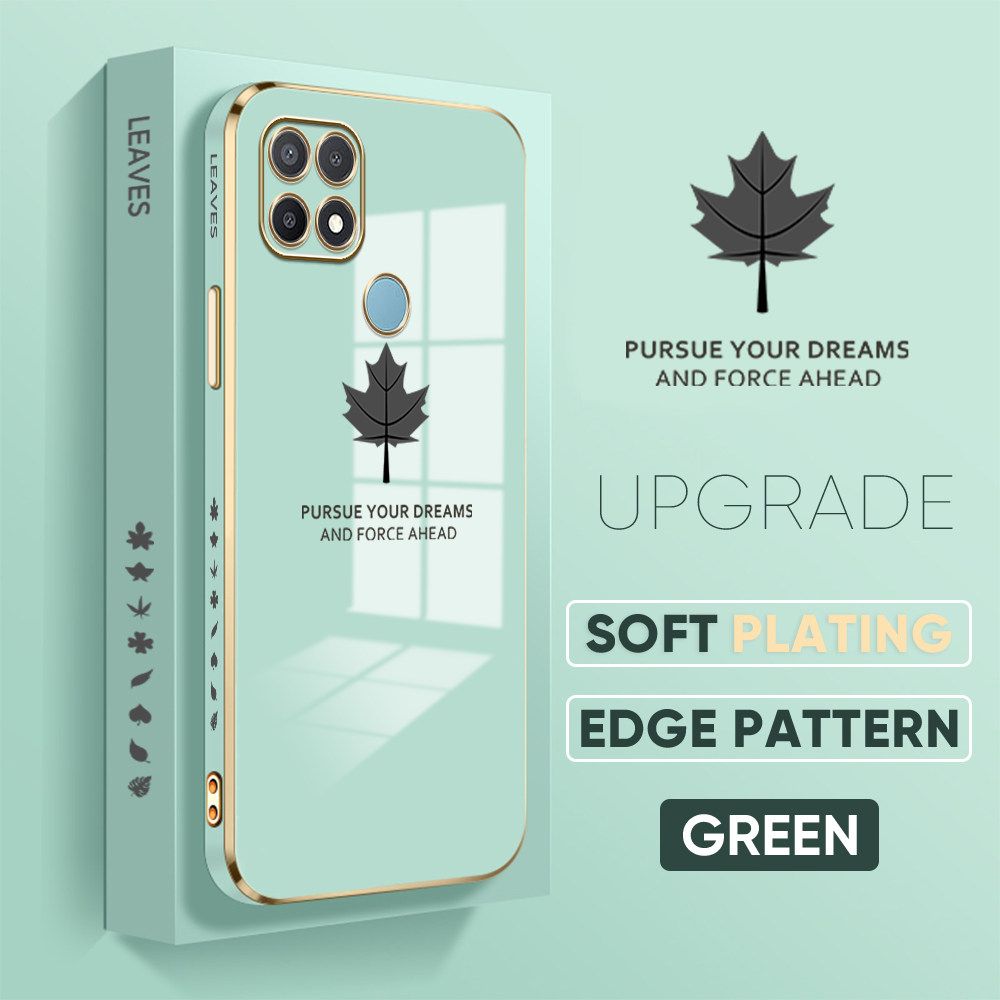 Jizetin (Free Lanyard) OPPO A15S / A15 Luxury 6D Plating Soft Casing Silicone Square Frame Phone Case Shiny Bling Back Cover Maple leaf New design Side Drawing Case