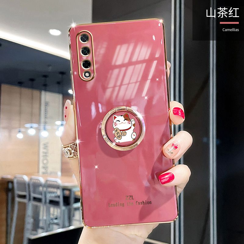 For Huawei Y8P Cover + Ring Holder Stand Shiny Plating Square Bumper Phone Case Lens Protection Soft Silicone Shockproof Protective Back Cover