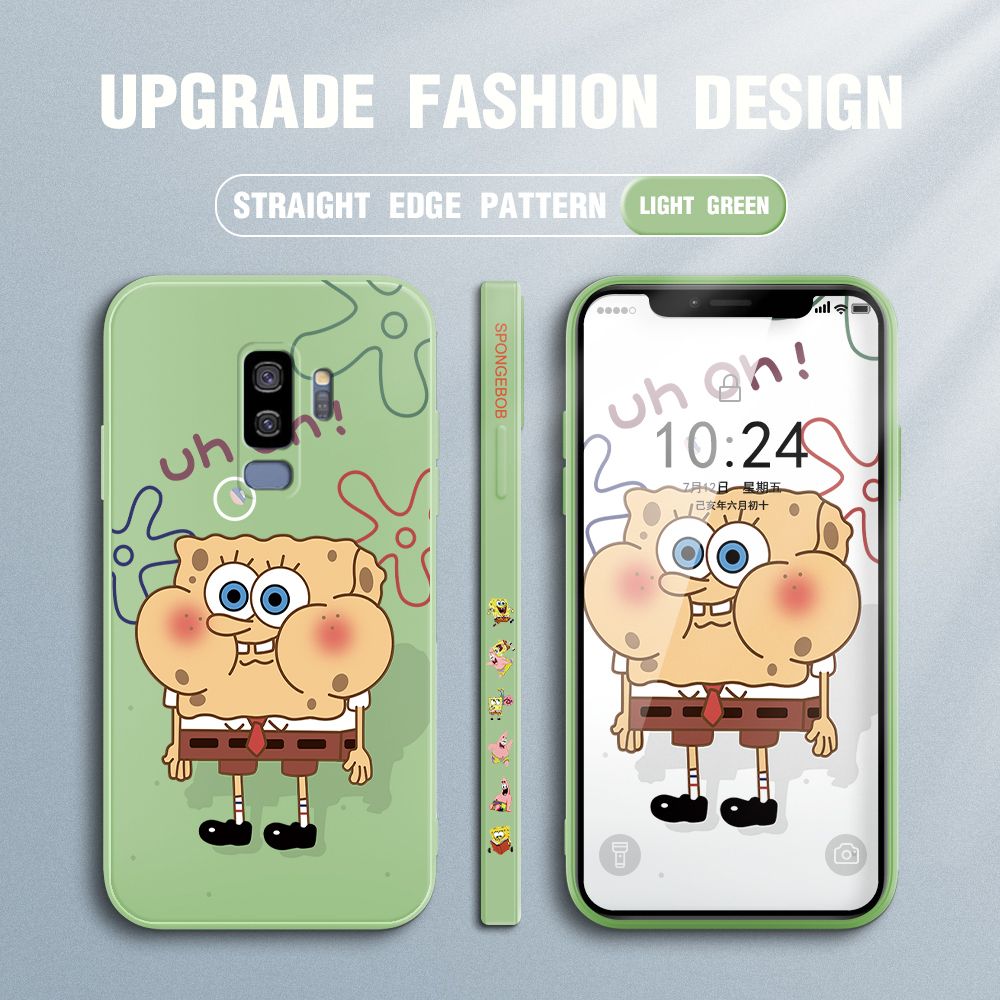 Jizetin for Samsung Galaxy S9 Plus Case Side Design Phone Cover New Cartoon SpongeBob SquarePants Cover Square Edge Pattern Liquid Silicone Trend Case