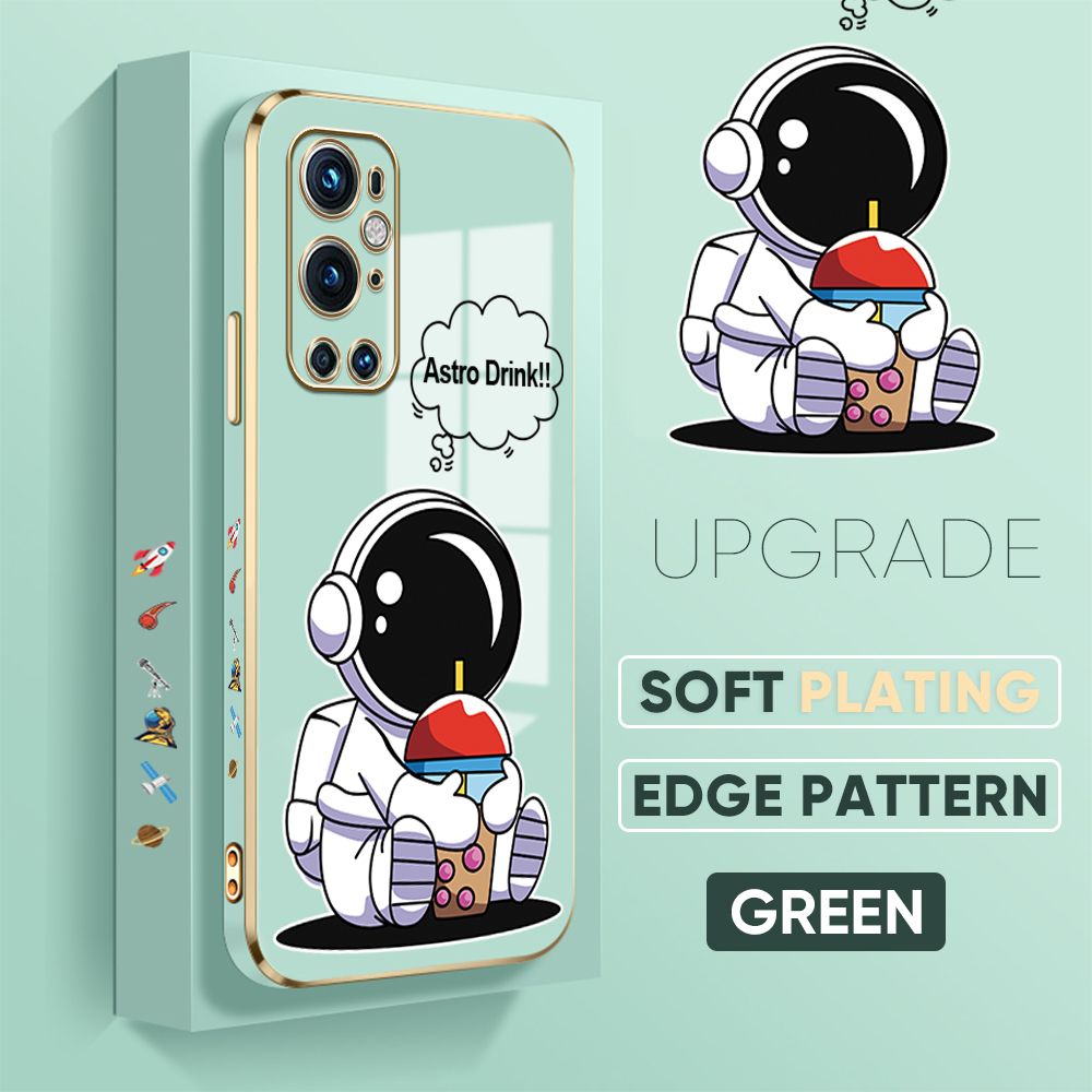 TA for OnePlus 9 Pro Back Cover + Free Lanyard Cute Astronaut Luxury 6D Plating Case Side Pattern Soft Silicone Square Phone Cases