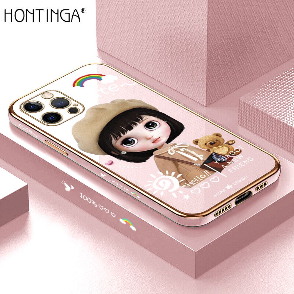 Hontinga for iPhone 12 Pro Back Cover + Free Lanyard Luxury 6D Plating Cute Satchel Girl Side Pattern Case Soft Silicone Square Mobile Cover