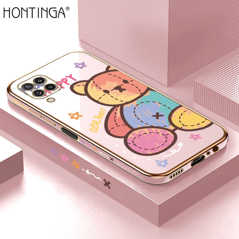 Hontinga for Samsung M32 Back Cover + Free Lanyard Luxury 6D Plating Color Doll Bear Side Pattern Case Soft Silicone Square Mobile Cover