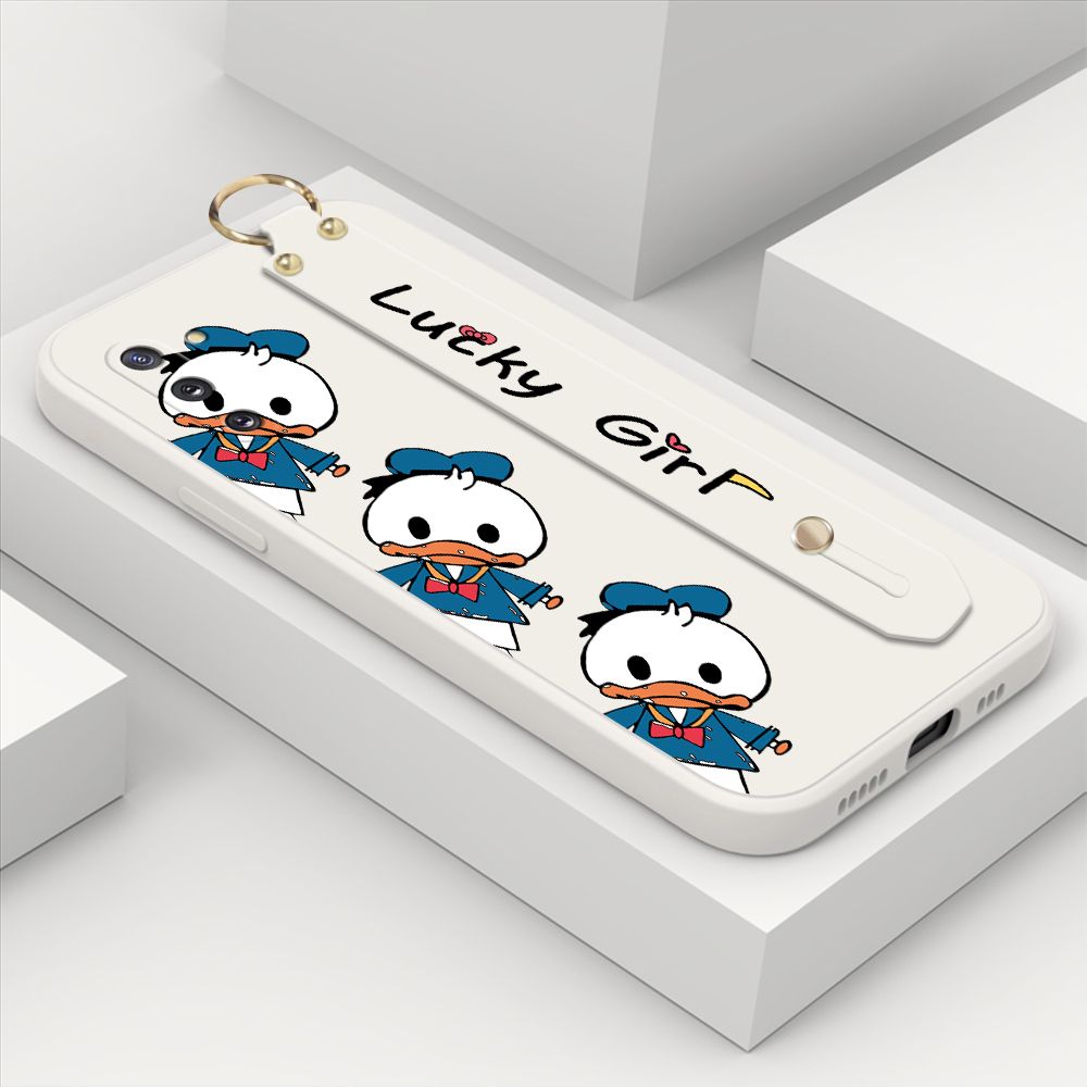 ZeroQiQi for Samsung Galaxy Note 10 Wrist Strap Case Cute Cartoon Little Duck Phone Case Square Edge Liquid Silicone Case Full Cover Camera Shockproof Protective Cases