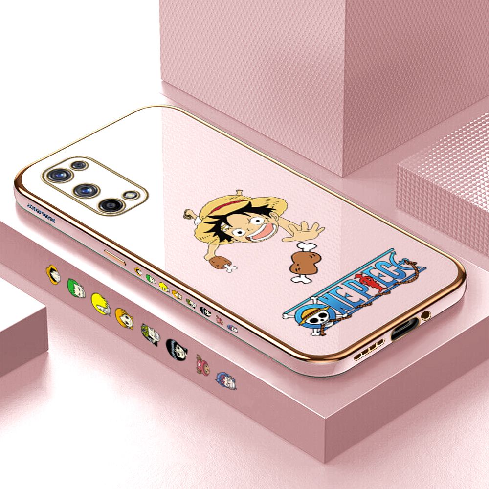 Luxury 6D Plating Case for Realme X7 Pro 5G Gluttonous Cartoon Luffy Side Pattern Back Cover Soft Silicone Square Frame Shiny Bling Phone Cases + Free Lanyard