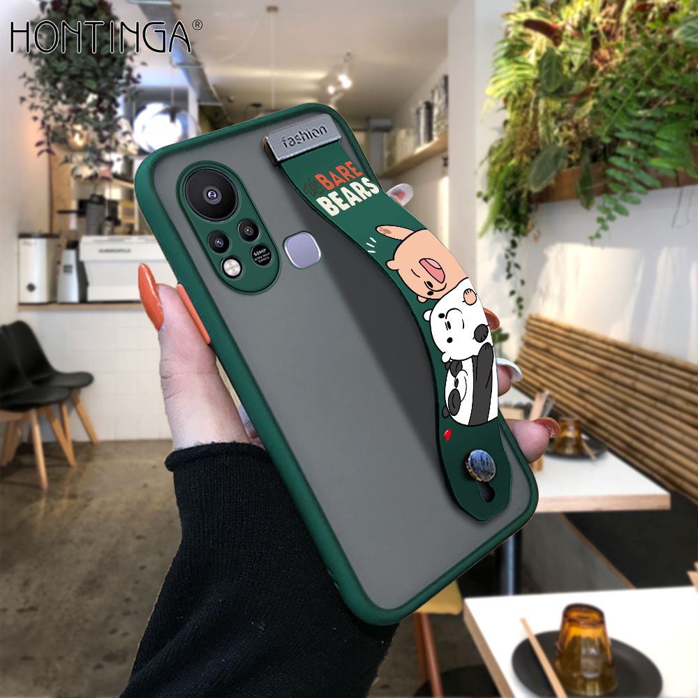 Hontinga for Infinix Hot 11S With Wristband Case Cute Cartoon Bear Frosted Cover Edge Full Lens Protection Phone Cases