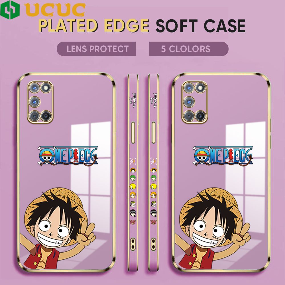 UCUC for OPPO A92 / A52 Back Cover + Free Lanyard Wave Luffy Luxury 6D Plating Case Side Pattern Soft Silicone Square Phone Cases
