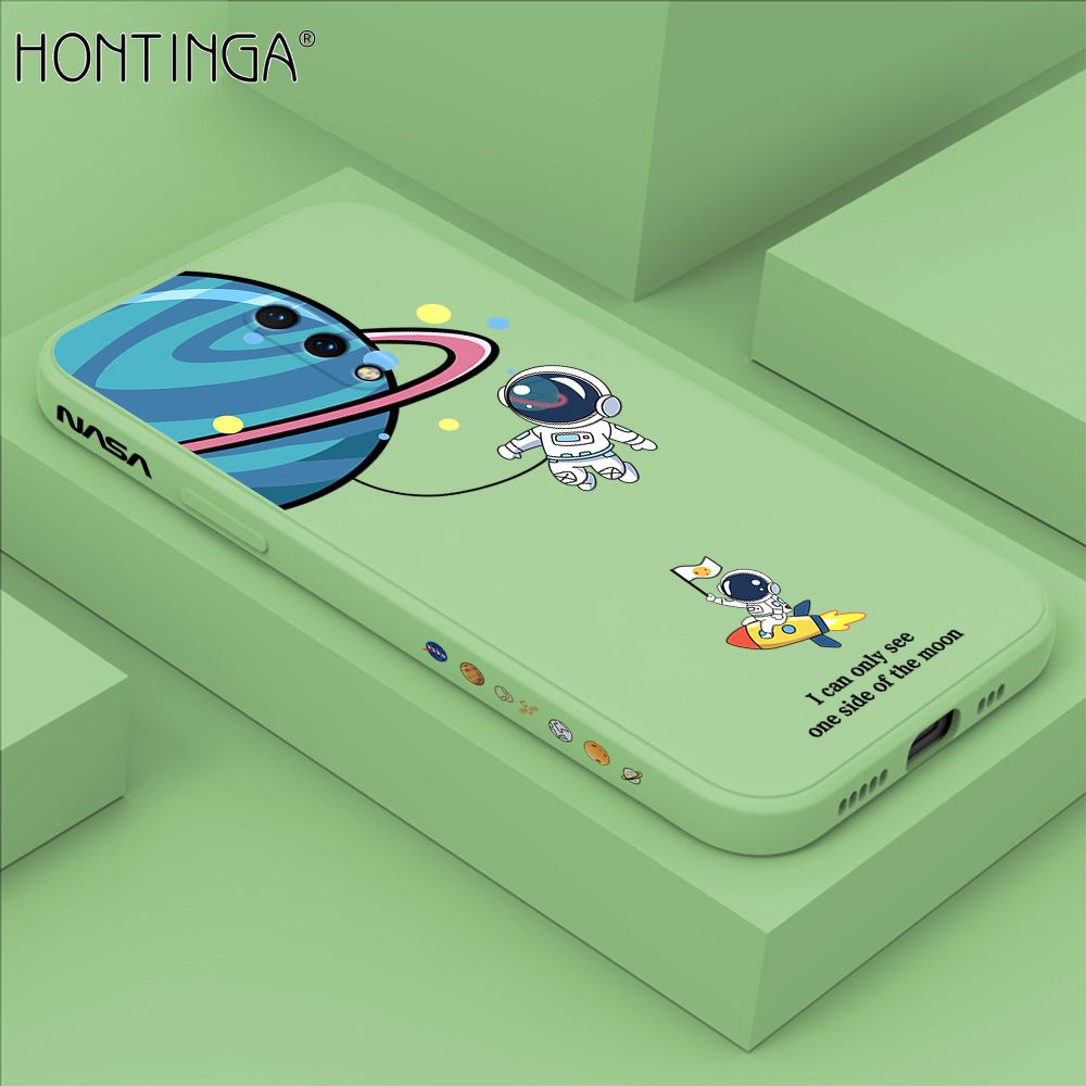 Hontinga for OnePlus 7 Case Cartoon Astronaut Side Design Back Cover Soft Square Edge Liquid Silicone Phone Cases