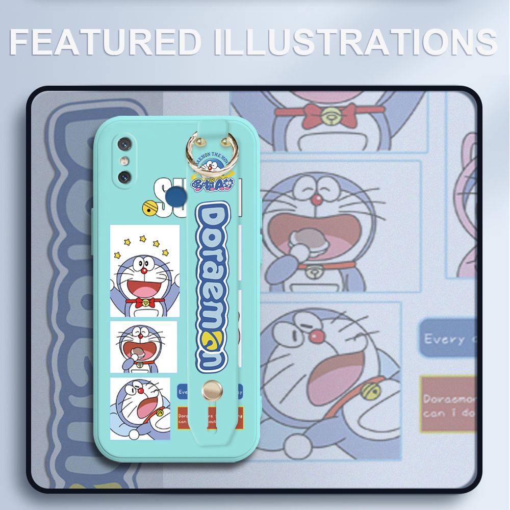 UCUC for Xiaomi Mi 8 Wrist Strap Case Creative Cartoon Doraemon's Daily Life Cover Ultra Thin Anti Fall Liquid Silicone Phone Case