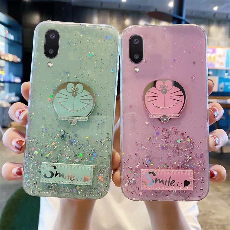 Phone case Samsung Galaxy M02 Shiny Ring Case Glitter Soft Transparent Doraemon Cases For Samsung M02 Back Cover Stars Moon Girls