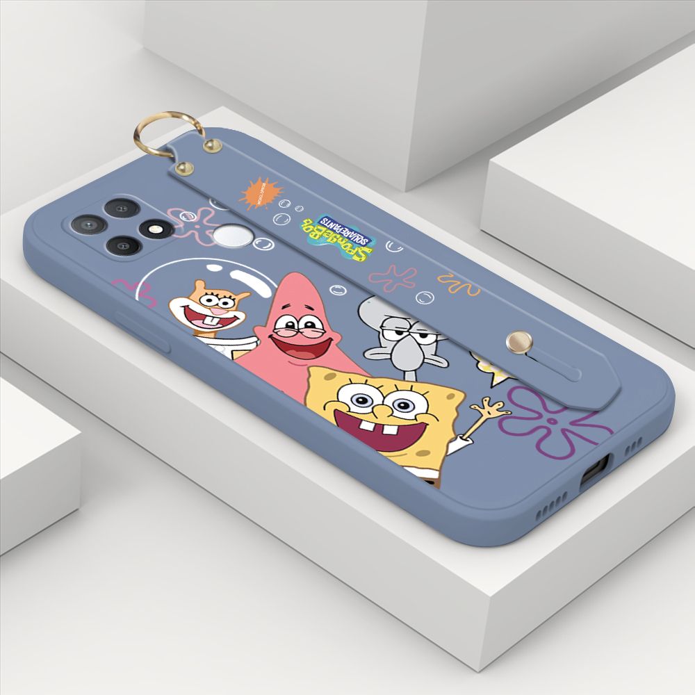 ZeroQiQi for OPPO A15S Wrist Strap Case Cute Cute Funny Cartoon Sponge for Square Pants Cover Square Edge Liquid Silicone Anti-drop Phone Case