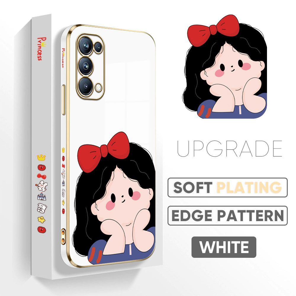 TA for OPPO Reno5 Pro 5G Back Cover + Free Lanyard Cute Princess Luxury 6D Plating Case Side Pattern Soft Silicone Square Phone Cases