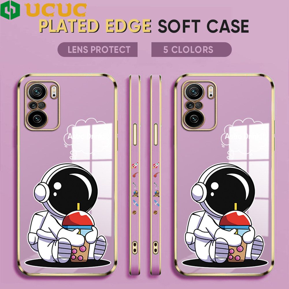 UCUC for Redmi K40 / K40 Pro / Xiaomi Poco F3 Back Cover + Free Lanyard Cute Astronaut Luxury 6D Plating Case Side Pattern Soft Silicone Square Phone Cases
