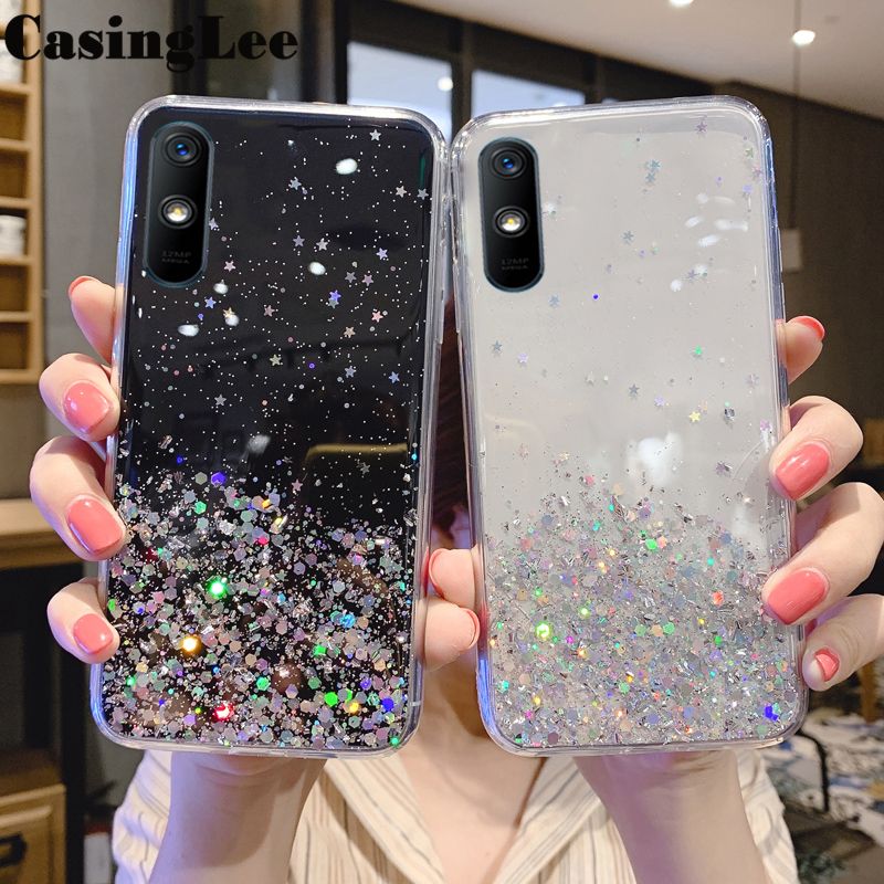 Casinglee for Redmi 9A case Shiny Ring Glitter Soft Transparent Holder Stand Back cover with String for Mi Redmi9A Phone cases cover Stars Moon Girls For girls and Boys