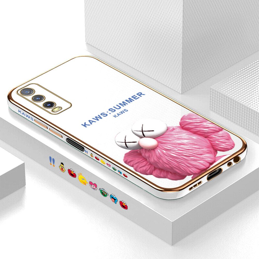 Luxury 6D Plating Soft Casing Silicone Square Frame Phone Case For Vivo Y20i Case Shiny Bling Back Cover Cartoon Pink Doll Square Edge Pattern Design Soft Case + Free Lanyard