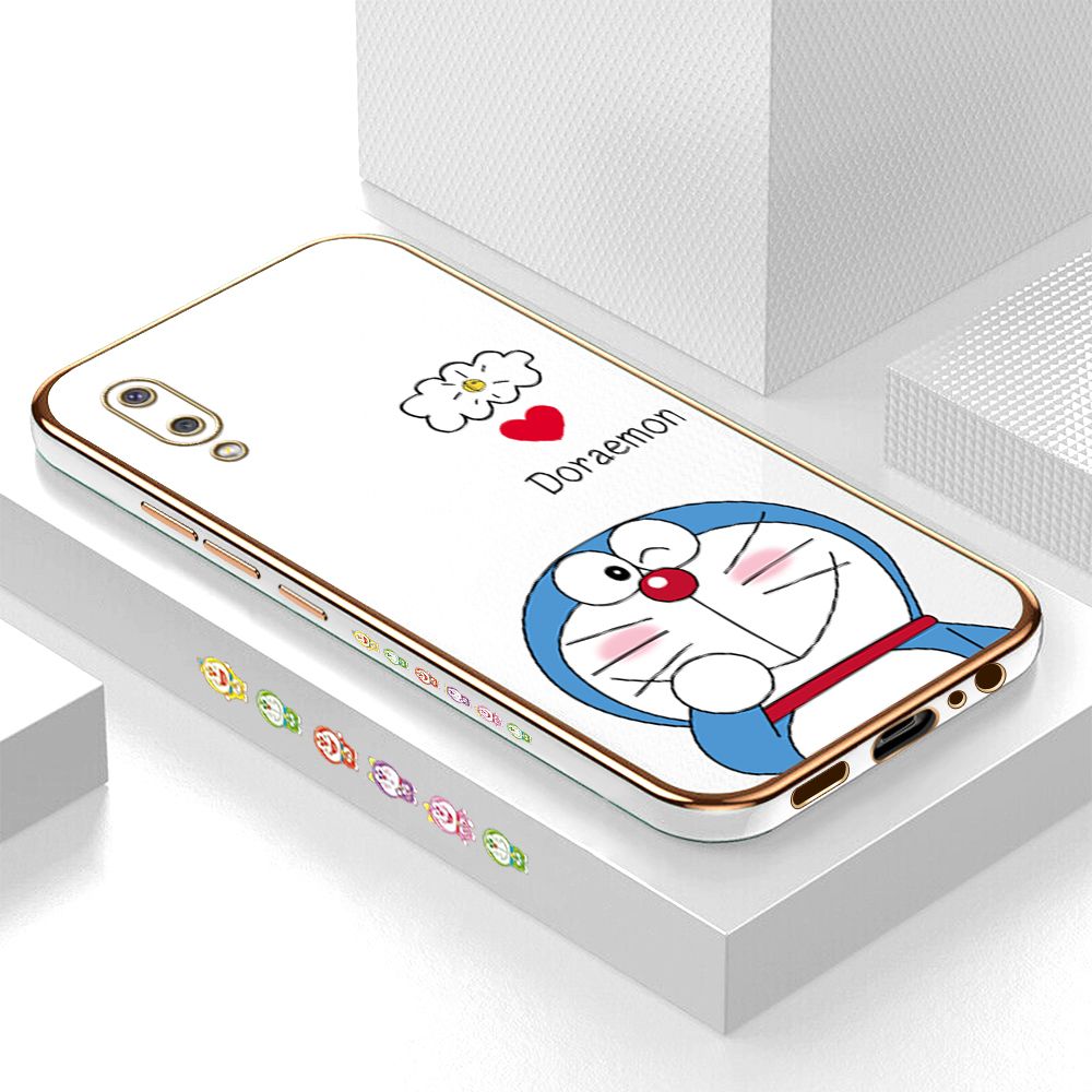 Luxury 6D Plating Case for Samsung M02 A02 Cartoon Giggle Meow Side Pattern Back Cover Soft Silicone Square Phone Cases + Free Lanyard
