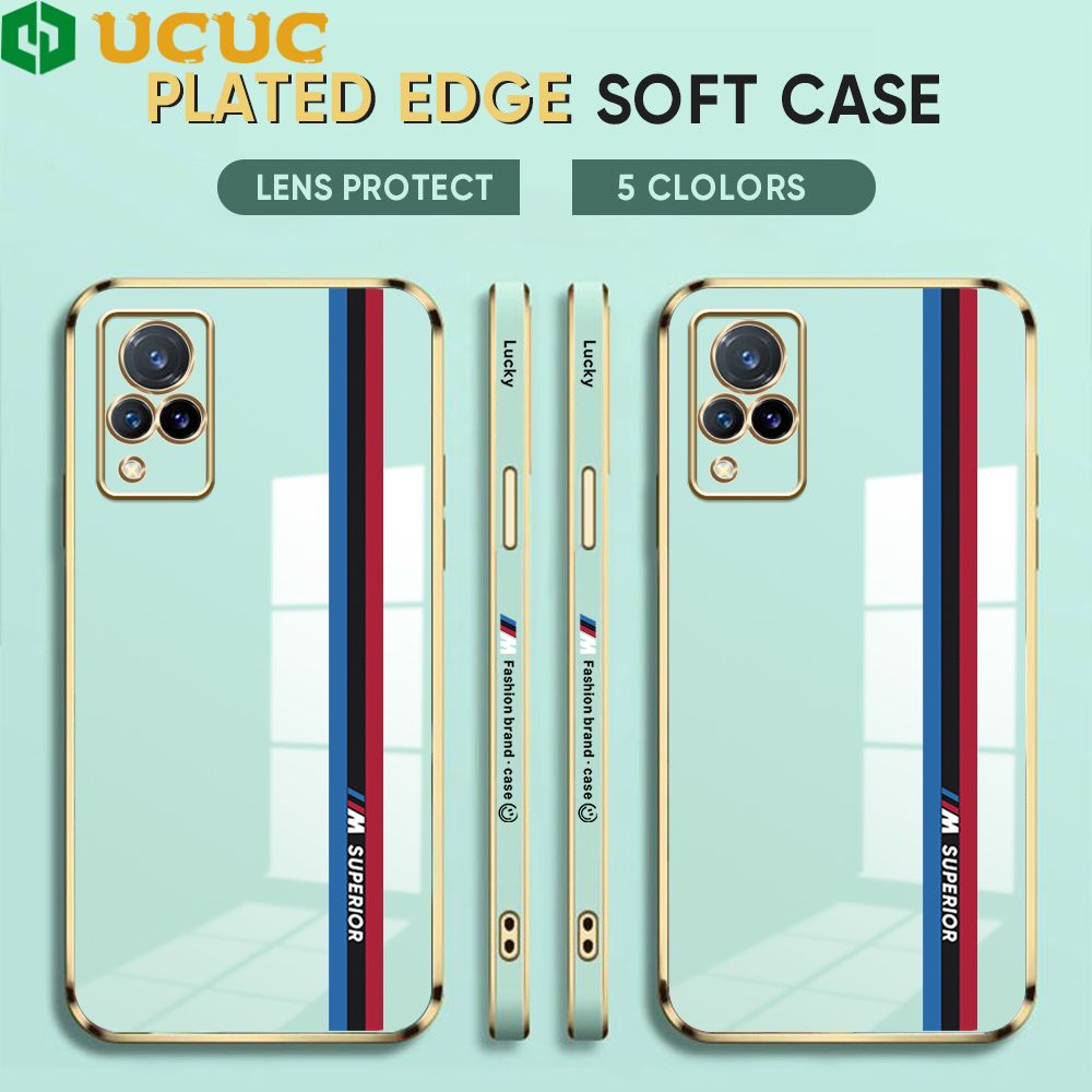 UCUC for VIVO V21 / V21 5G Back Cover + Free Lanyard Track Sign Luxury 6D Plating Case Side Pattern Soft Silicone Square Phone Cases