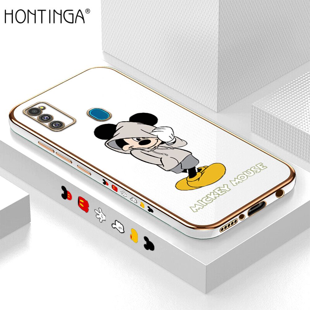 Hontinga for Samsung M21 M30S Back Cover + Free Lanyard Luxury 6D Plating Handsome Cartoon Mouse Side Pattern Case Soft Silicone Square Mobile Cover