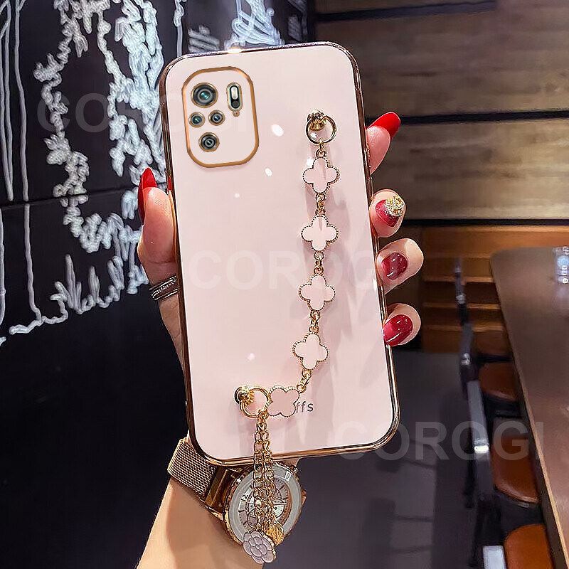 For Xiaomi Redmi Note 10 4G / Note 10S Back Cover with Lucky Clover Wristband Chain Fashion Bracelet Shiny Plating Square Edge Bumper Phone Case Soft Silicone Bumper Protective Cover