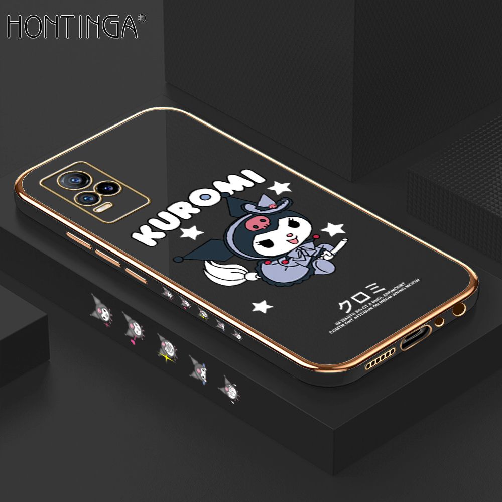 Hontinga for Vivo V21E / Y73 2021 Back Cover Luxury 6D Plating Cartoon Little Witch Side Pattern Case Soft Silicone Square Phone Cases