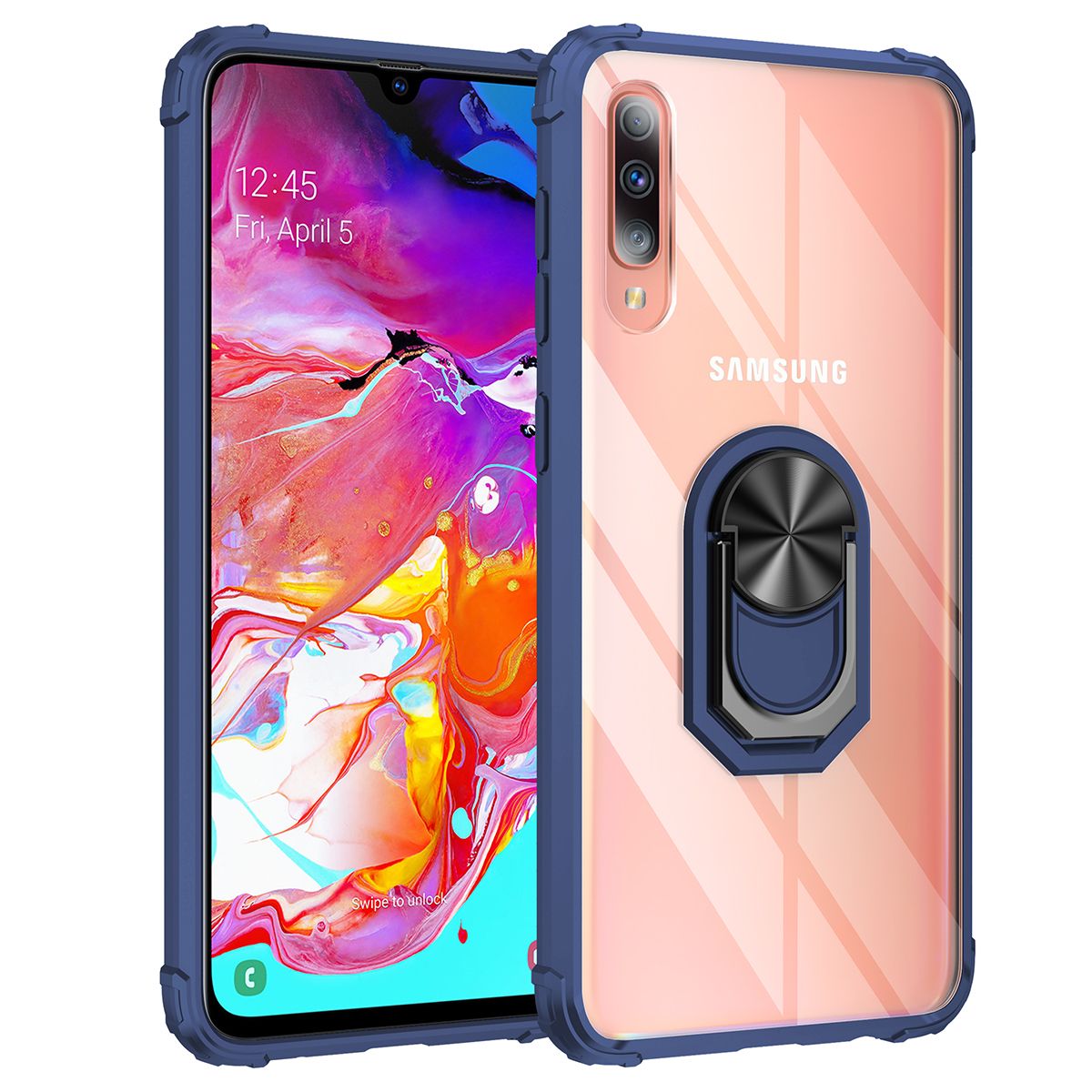 For Samsung Galaxy A70 Case Hybrid Case with Ring Holder Stand Transparent Acrylic Hard Back Gel TPU Bumper Rugged Shockproof Protective Cover