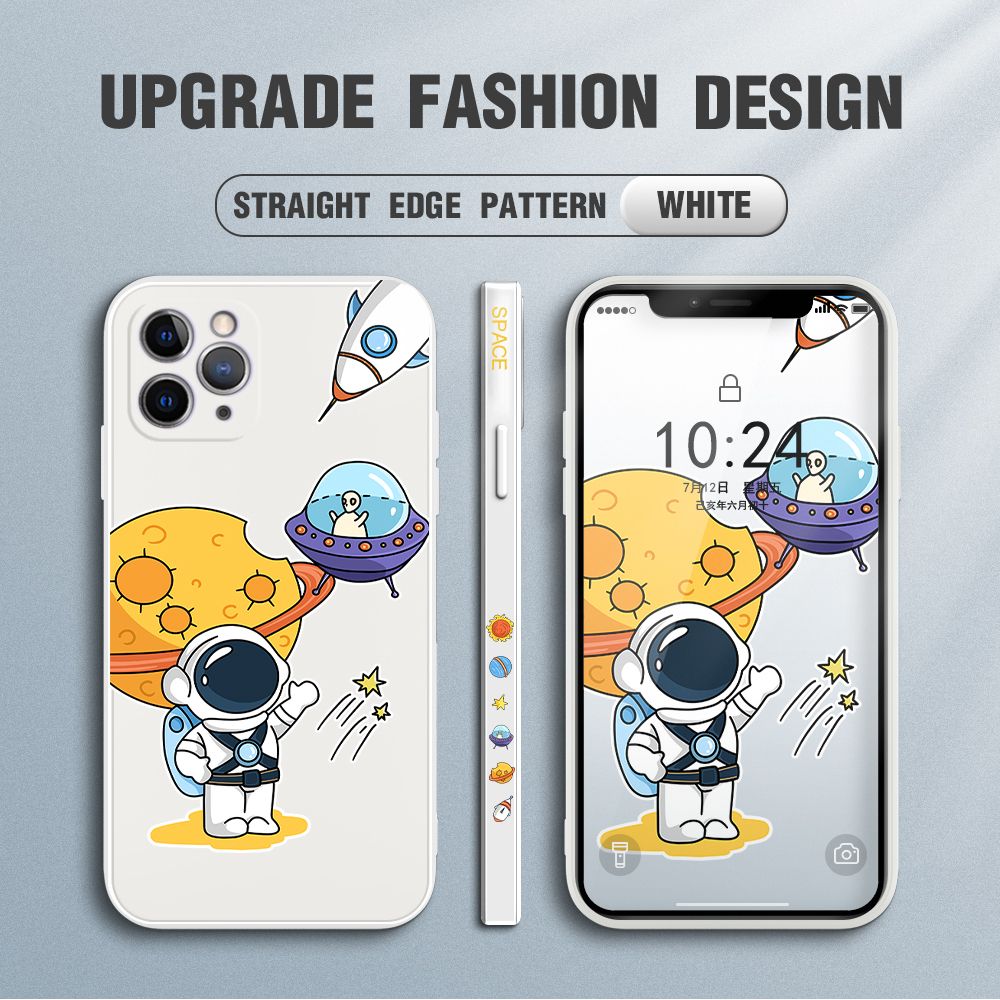 Jizetin for iPhone 11 Pro Case Side Design Phone Cover Moon Space Astronaut Cover Square Edge Pattern Liquid Silicone Trend Case