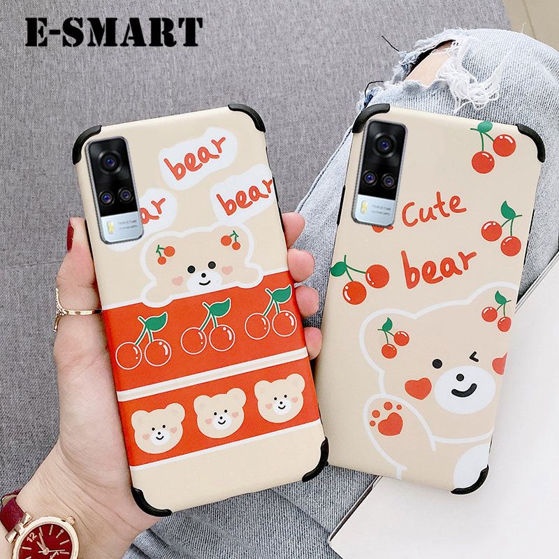 Phone Case Vivo Y53S Back Cover Cartoon Cute Bear Cherry Camera Protector Hard Matte Couple Cover Cases for Vivo Y53S Case