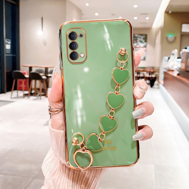 For Realme 7 Pro Back Cover with Love Heart Chain Wrist Strap Fashion Bracelet Shiny Plating Bumper Protective Case Silicone Shockproof Mobile Phone Cases
