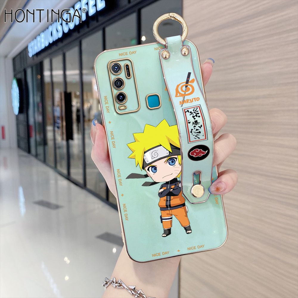Hontinga for Vivo Y50 / Y30 / Y30i Back Cover With Wristband Luxury 6D Plating Anime Naruto Uzumaki Case Soft Silicone Square Phone Cases