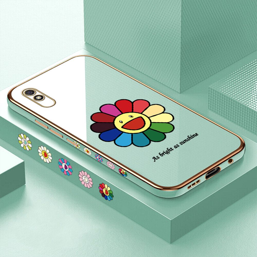 Luxury 6D Plating Case for Redmi 9A Colored Sunflower Side Pattern Back Cover Soft Silicone Square Frame Shiny Bling Phone Cases + Free Lanyard