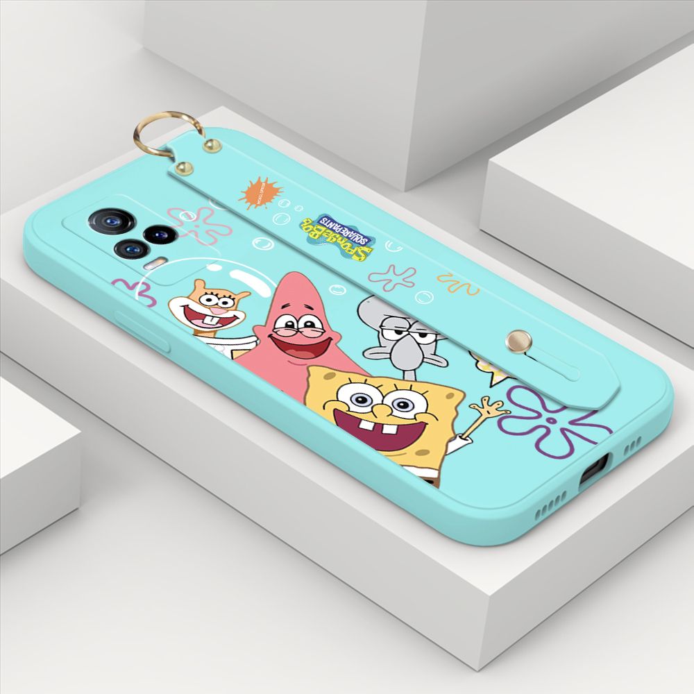 ZeroQiQi for Vivo V21E Wrist Strap Case Cute Cute Funny Cartoon Sponge for Square Pants Cover Square Edge Liquid Silicone Anti-drop Phone Case