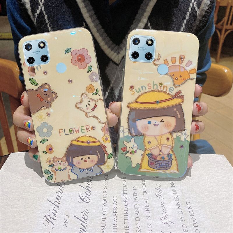 Phone case Realme C25Y Case Soft Blue-Ray Bling Glitter Cartoon Fashion Sun and Flowers Silicone Back Cover For Realme C25Y Cases