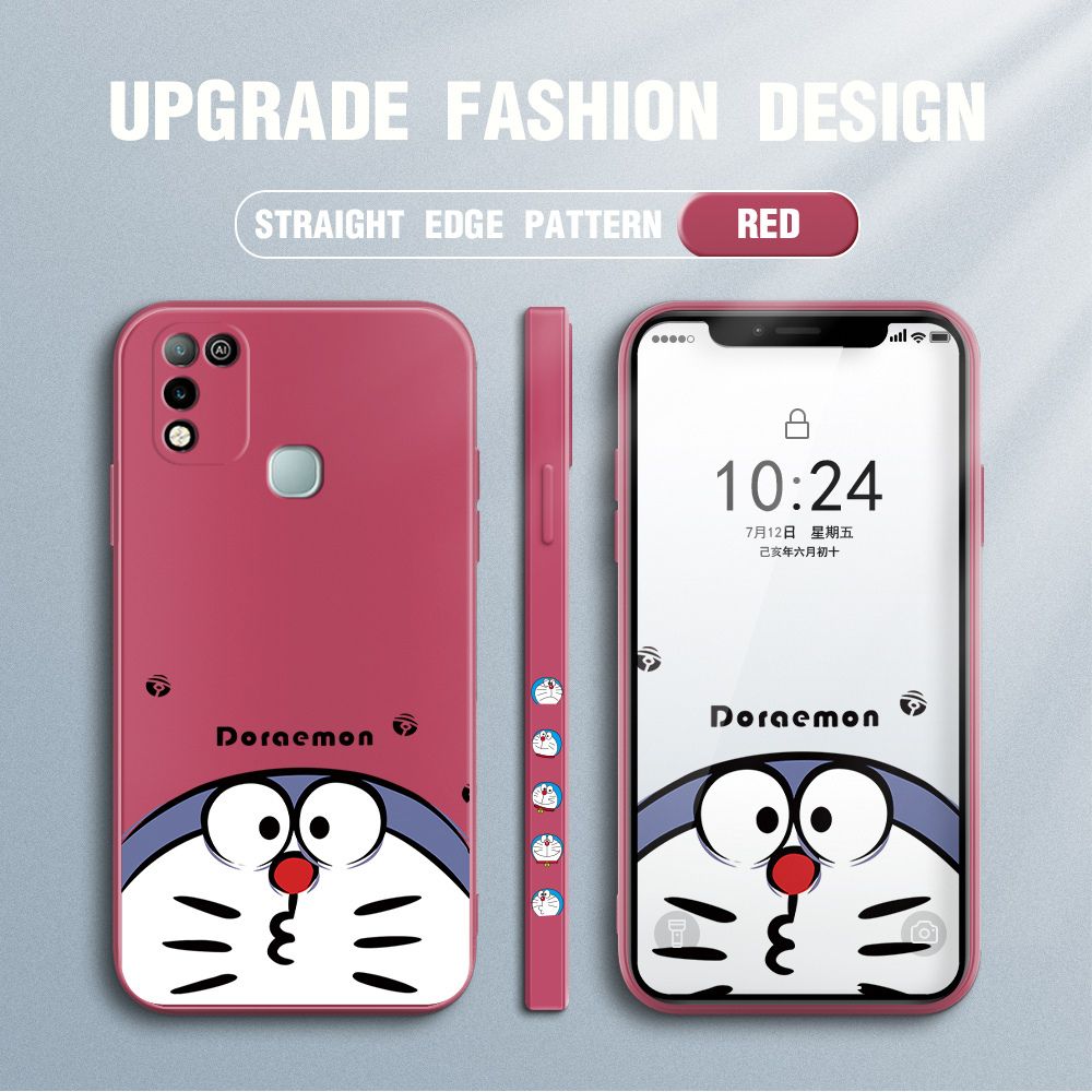 Jizetin for Infinix Hot 10 Play / Hot 11 Play Case New Cartoon Doraemon Cat Anime Side Design Phone Case Square Edge Pattern Liquid Silicone Cases Full Cover Camera Shockproof Protective Case