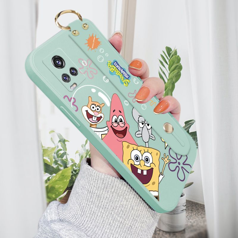 Jizetin for Vivo V20 Pro Wrist Strap Case Funny Cartoon Sea Creatures Cover Ultra Thin Anti Fall Liquid Silicone Phone Case