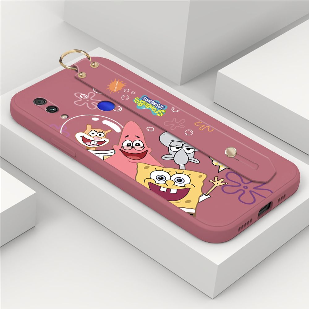 ZeroQiQi for Xiaomi Redmi Note 7 Pro Wrist Strap Case Cute Cute Funny Cartoon Sponge for Square Pants Cover Square Edge Liquid Silicone Anti-drop Phone Case