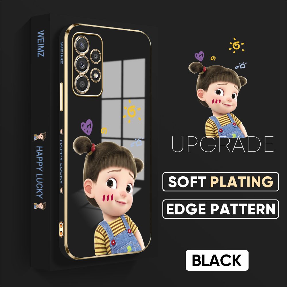 Jizetin (Free Lanyard) Samsung Galaxy A52 / A52 5G / A52S 5G Back Cover Double Ponytail Girl Luxury 6D Plating Case Side Pattern Soft Silicone Square Mobile Phone Cases