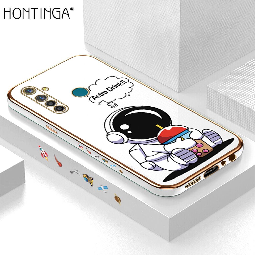 Hontinga for Realme 5 Pro Back Cover + Free Lanyard Luxury 6D Plating Cartoon Happy Astronaut Side Pattern Case Soft Silicone Square Mobile Cover