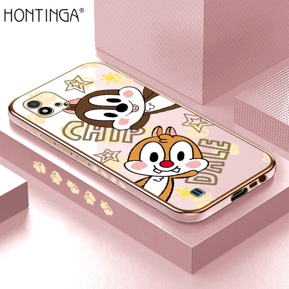 Hontinga for Realme C20 / C20A / C11 2021 Back Cover + Free Lanyard Luxury 6D Plating Cute Cartoon Rat Side Pattern Case Soft Silicone Square Phone Cases