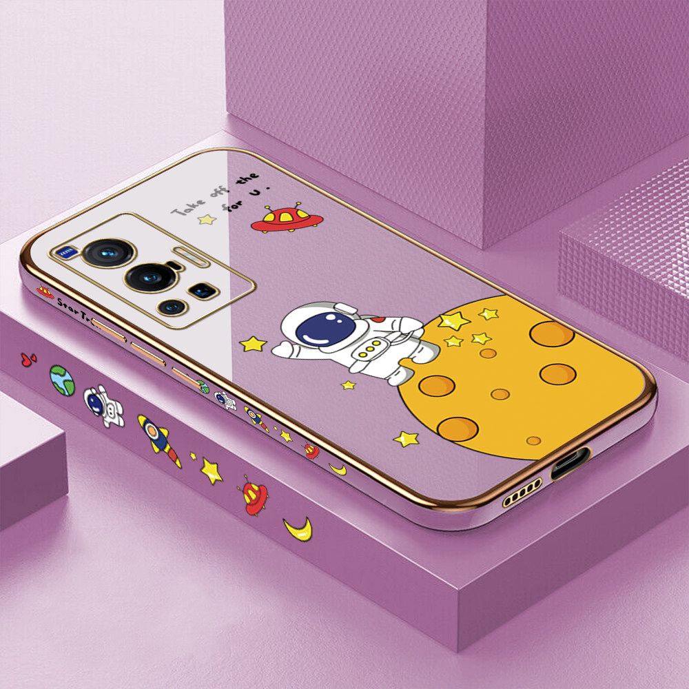 Luxury 6D Plating Case for Vivo X70 Pro 5G Cute Cartoon Happy Astronaut Side Pattern Back Cover Soft Silicone Square Frame Shiny Bling Phone Cases + Free Lanyard