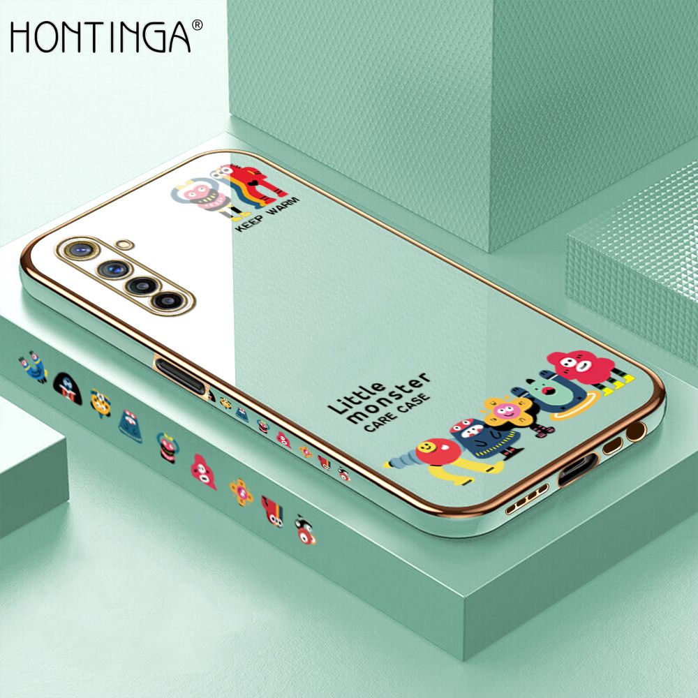 Hontinga for Realme 6 / Narzo Back Cover + Free Lanyard Luxury 6D Plating Cute Mobs Collection Side Pattern Case Soft Silicone Square Mobile Cover