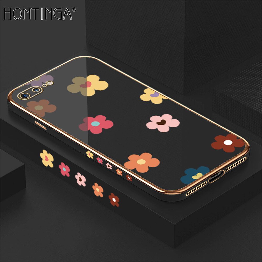 Hontinga for iPhone 7 Plus 8 Plus Back Cover + Free Lanyard Luxury 6D Plating Falling Flower Side Pattern Case Soft Silicone Square Mobile Cover