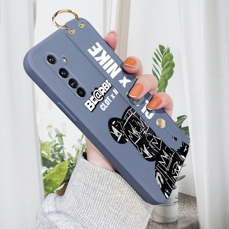 Jizetin for Realme X50 Pro 5G Wrist Strap Case Creative Cartoon Black Stitching Bear Cover Ultra Thin Anti Fall Liquid Silicone Phone Case