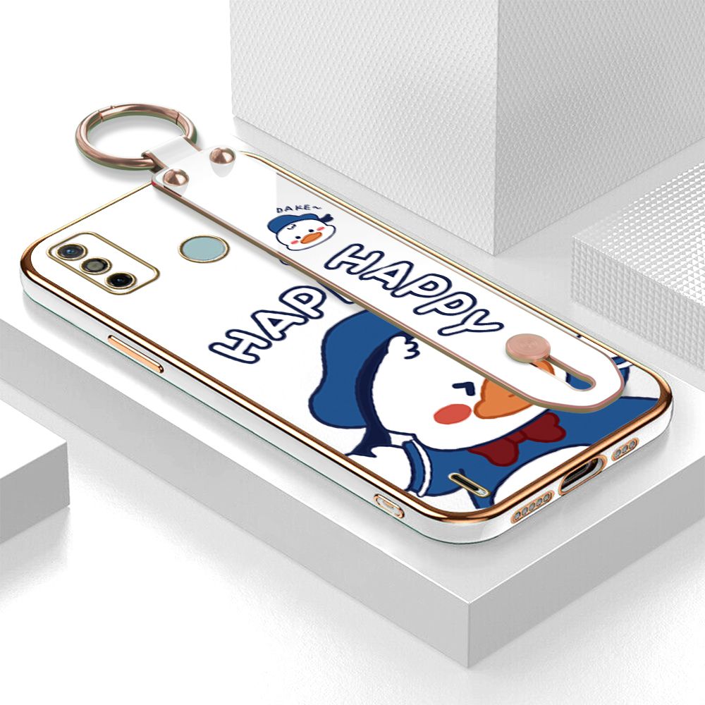 TA for Tecno Spark 6 Go / Spark Go 2020 / 2021 Wrist Strap Back Cover Cute Duck Fashion Luxury 6D Plating Soft Casing Silicone Square Frame Phone Case