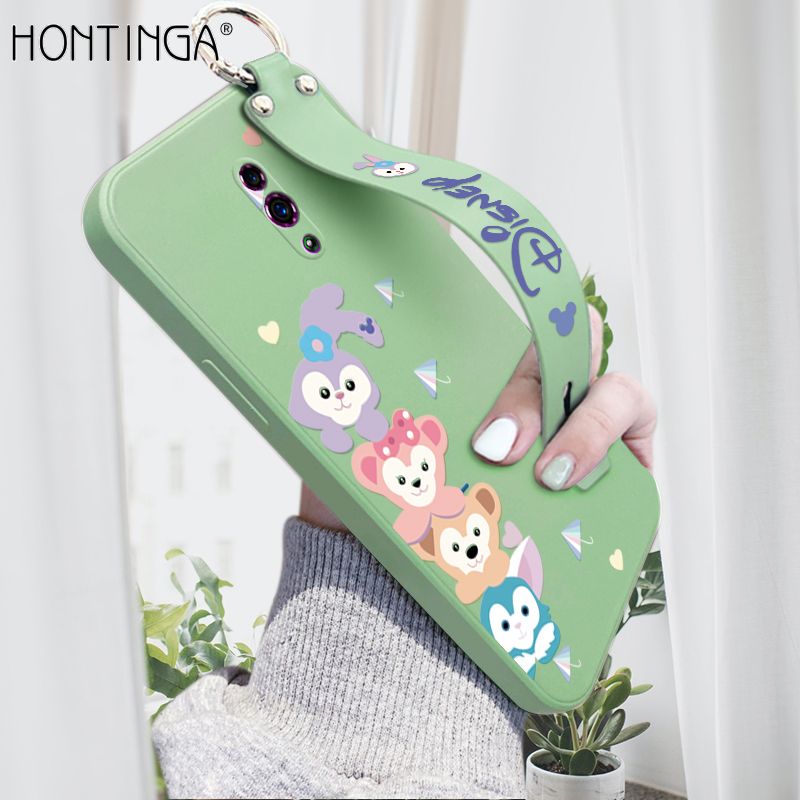 Hontinga for OPPO Reno Wrist Strap Case INS Cute Style Creative Cartoon Rabbit and Fox Cover Thin Square Edge Liquid Silicone Phone Case