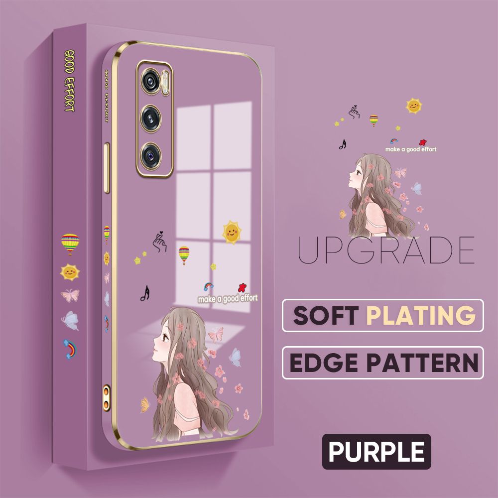 TA for Vivo V20 SE Back Cover + Free Lanyard Charming Girl Luxury 6D Plating Case Side Pattern Soft Silicone Square Phone Cases