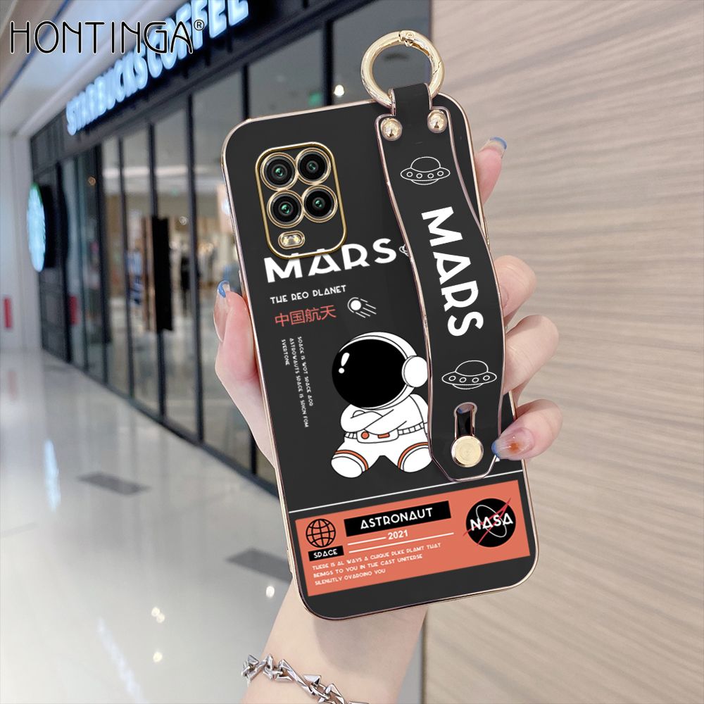 Hontinga for Xiaomi Mi 10 Lite 5G Back Cover With Wristband Luxury 6D Plating Cute Space Astronaut  Case Soft Silicone Square Phone Cases